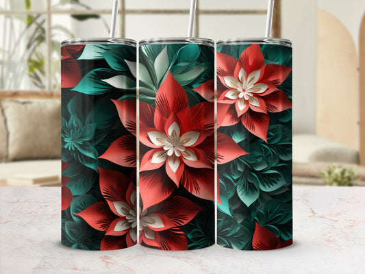 Three tumblers with vibrant red and teal floral patterns.