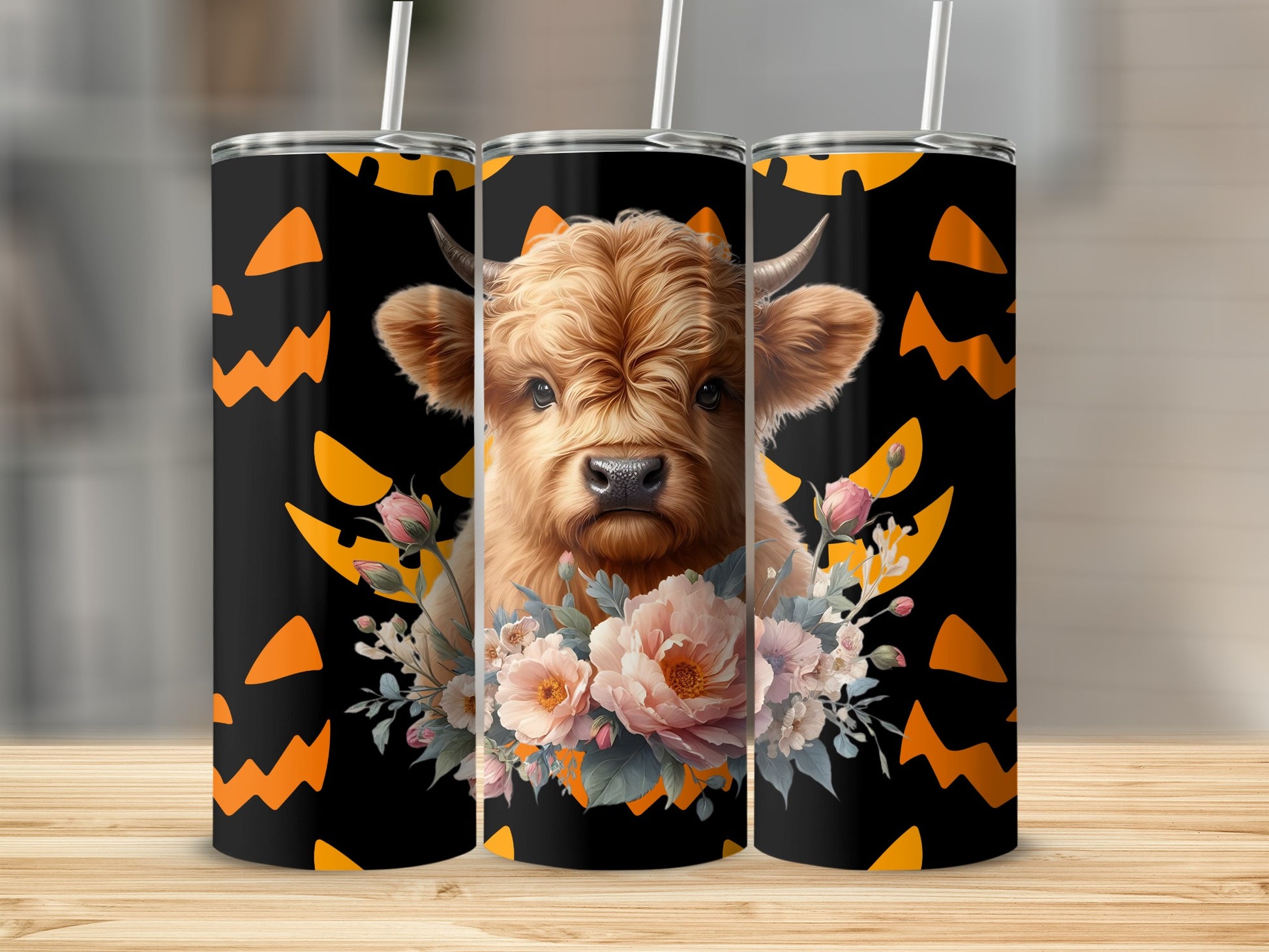 Highland Cow with Halloween Pumpkins Tumbler Design