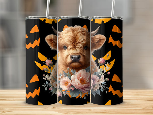 Highland Cow with Halloween Pumpkins Tumbler Design