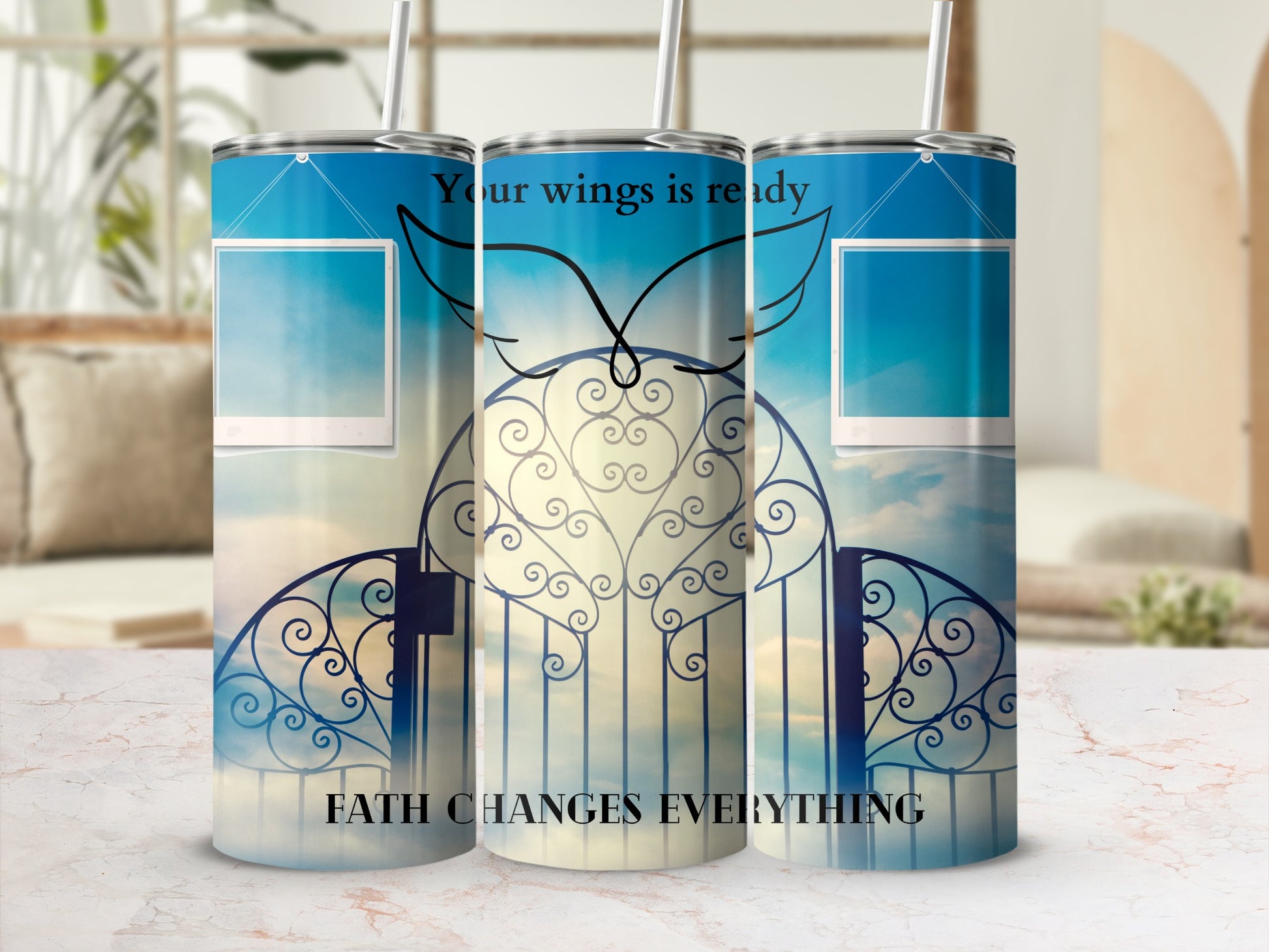 Three tumblers with a sky, ornate gate, and text reading "Your wings is ready."