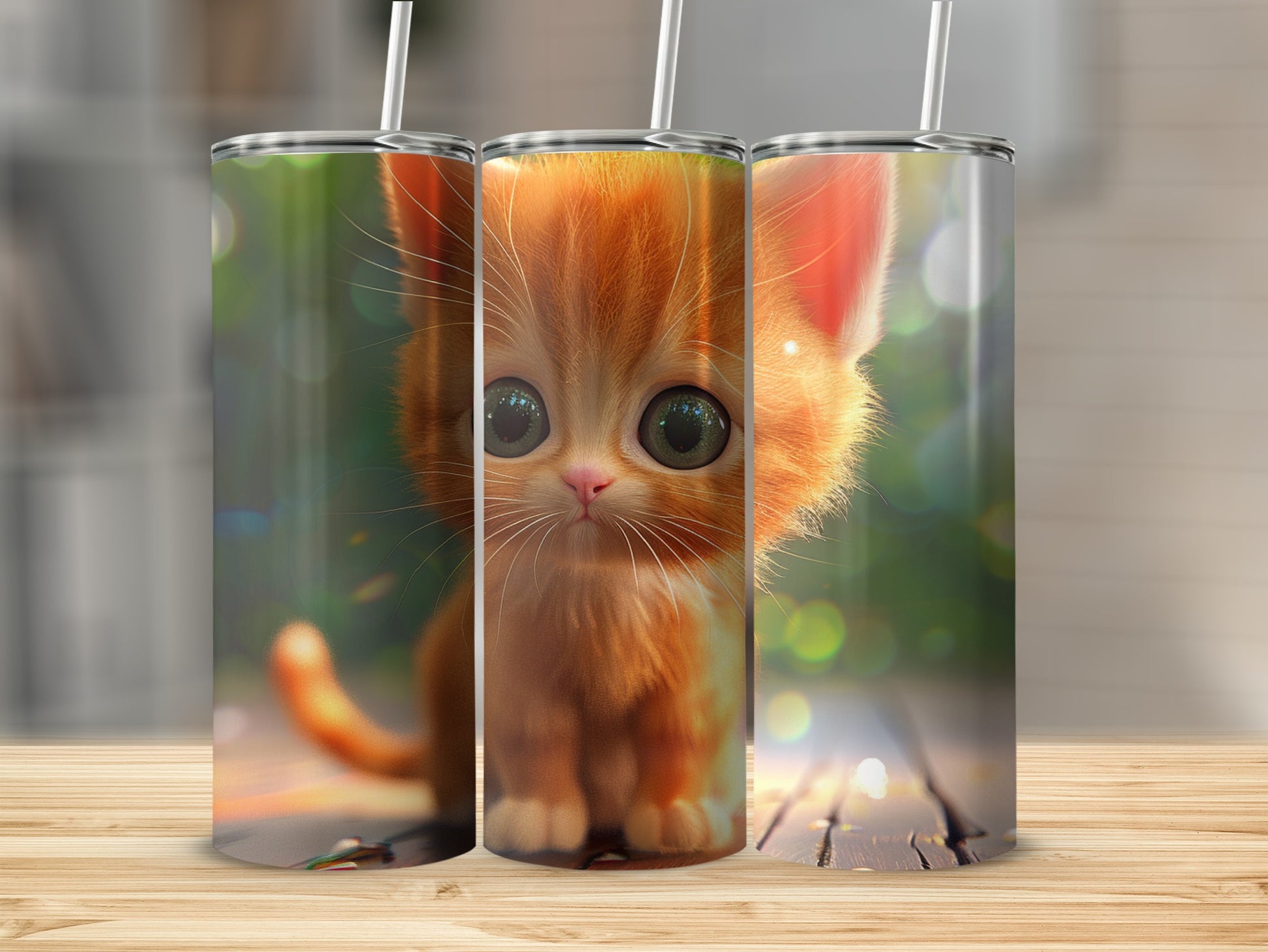 Three tall tumblers featuring a cute, wide-eyed orange tabby kitten.