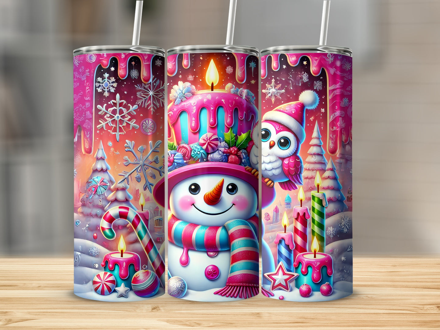Festive Christmas Snowman and Owl Themed Tumbler Flask