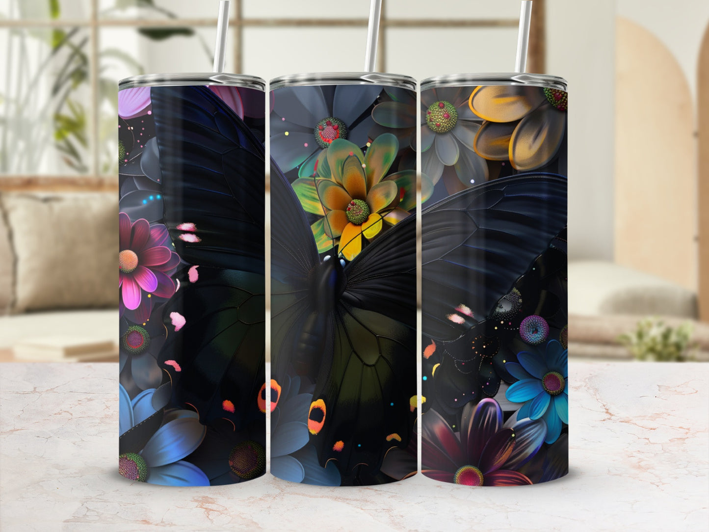 Three tumblers with black butterfly and floral designs.