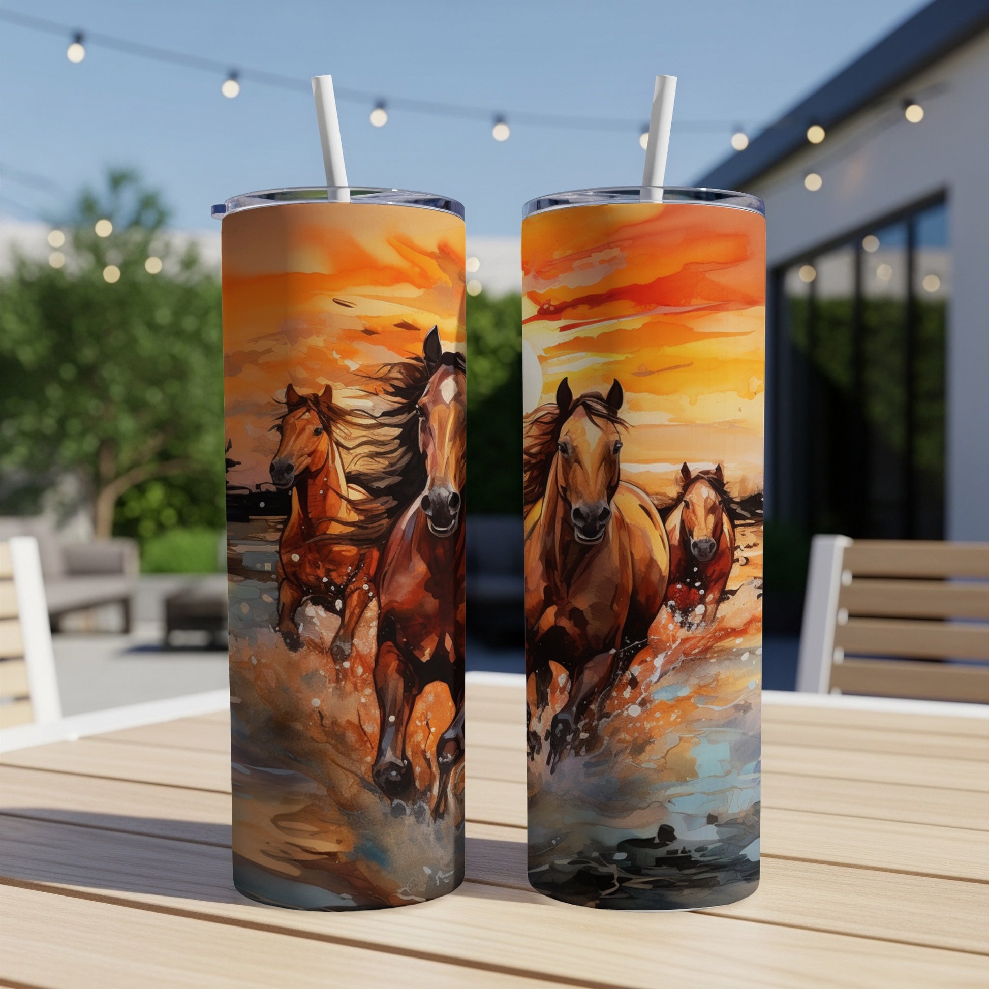 Two tumblers featuring horses running through water at sunset.