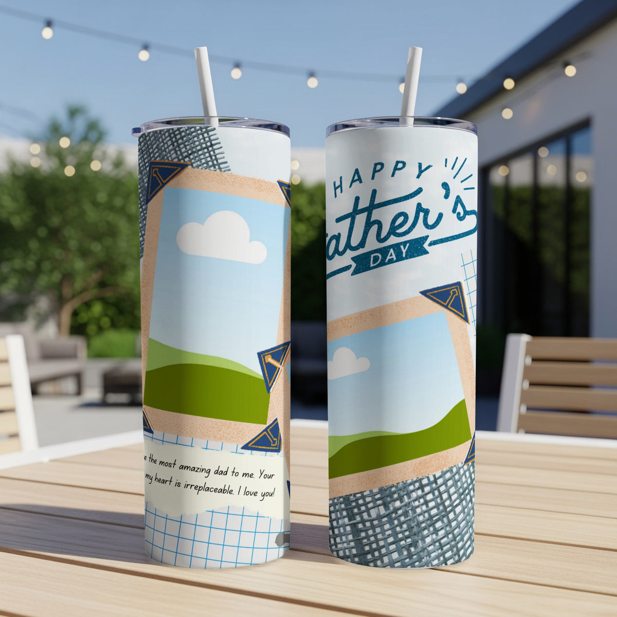 Two tumblers with "Happy Father's Day" and photo designs.