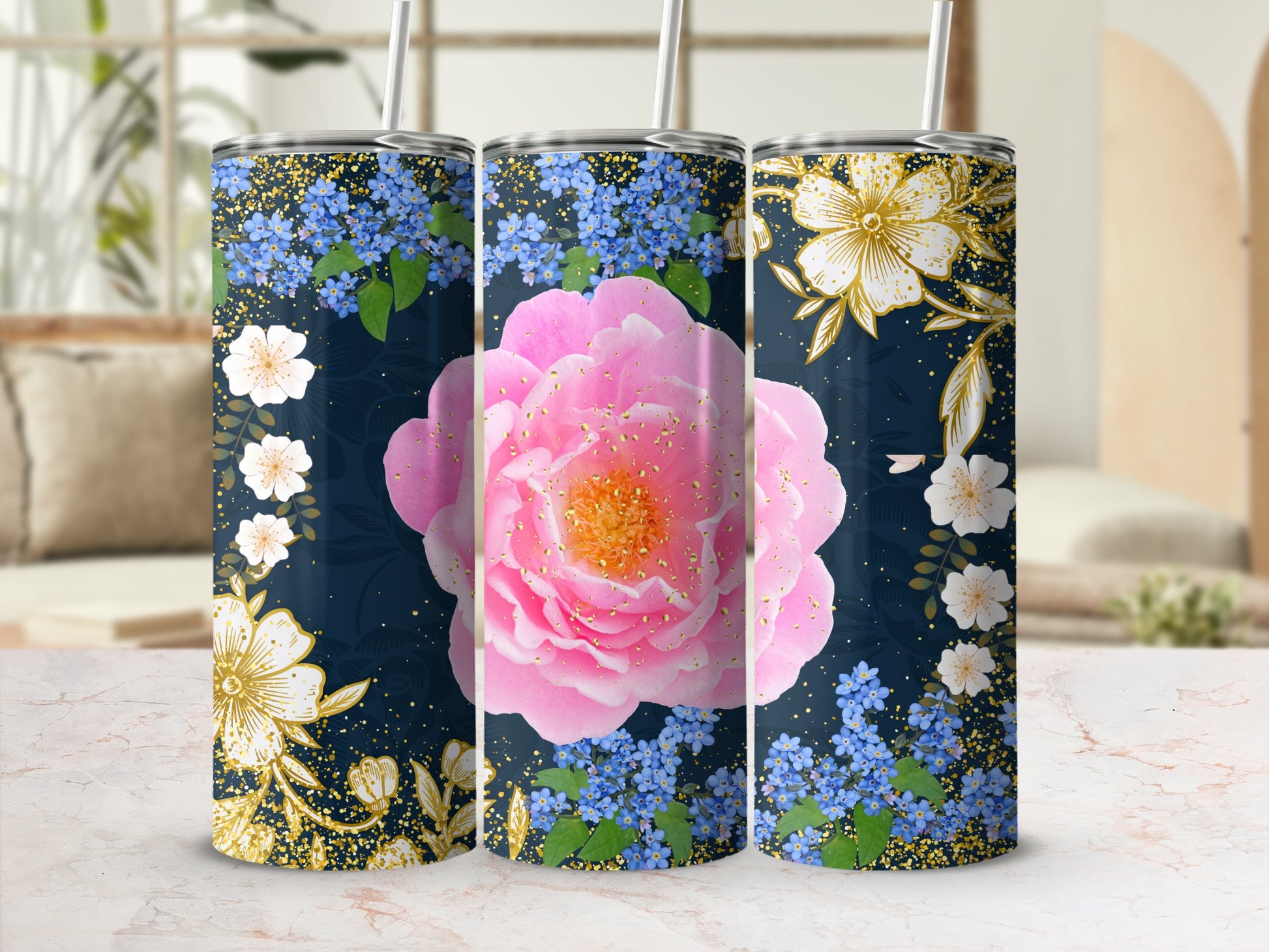 Elegant Floral Design Insulated Tumbler for Beverages