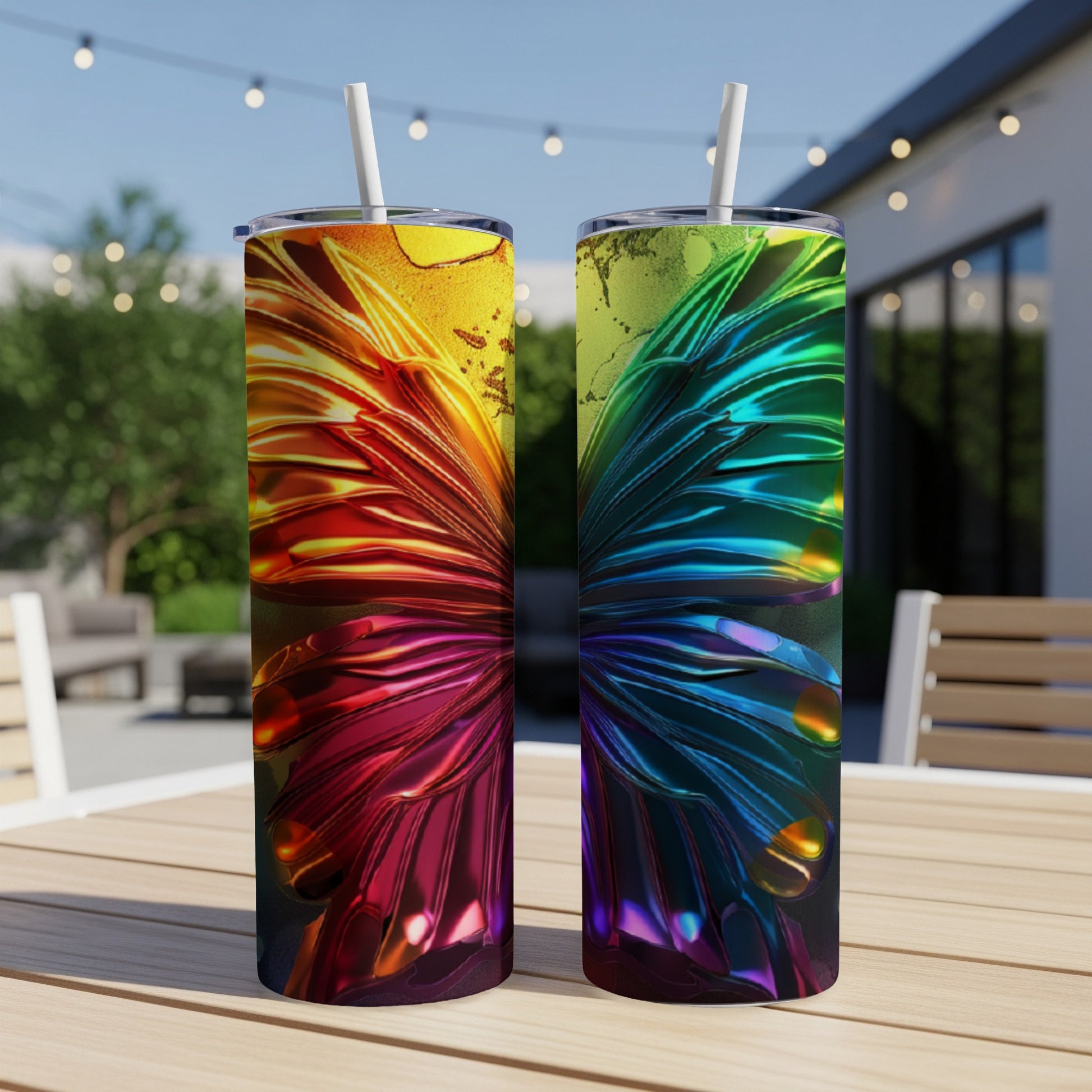 Two tumblers with iridescent butterfly wing designs on a patio table.