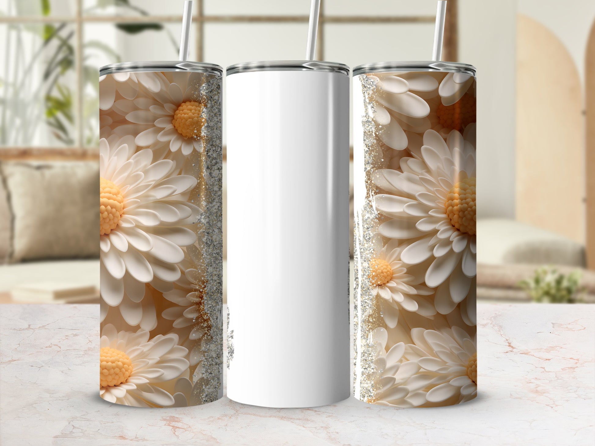 Three white tumblers with floral designs and glitter accents.