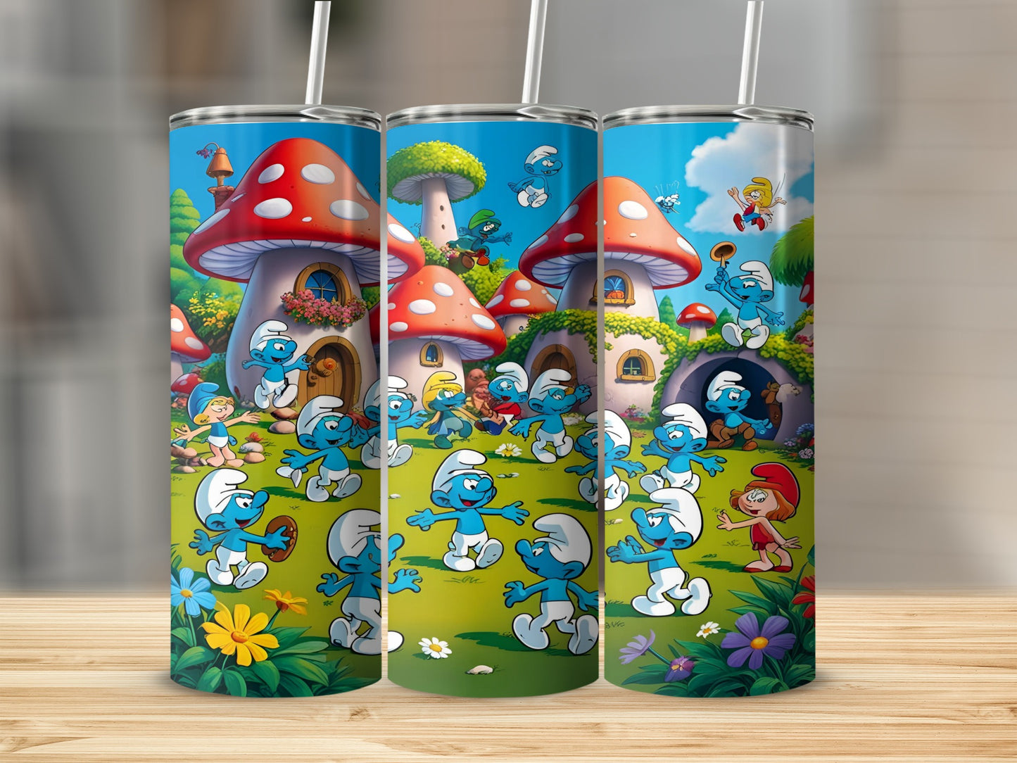Smurfs in a village setting with mushroom houses and flowers.