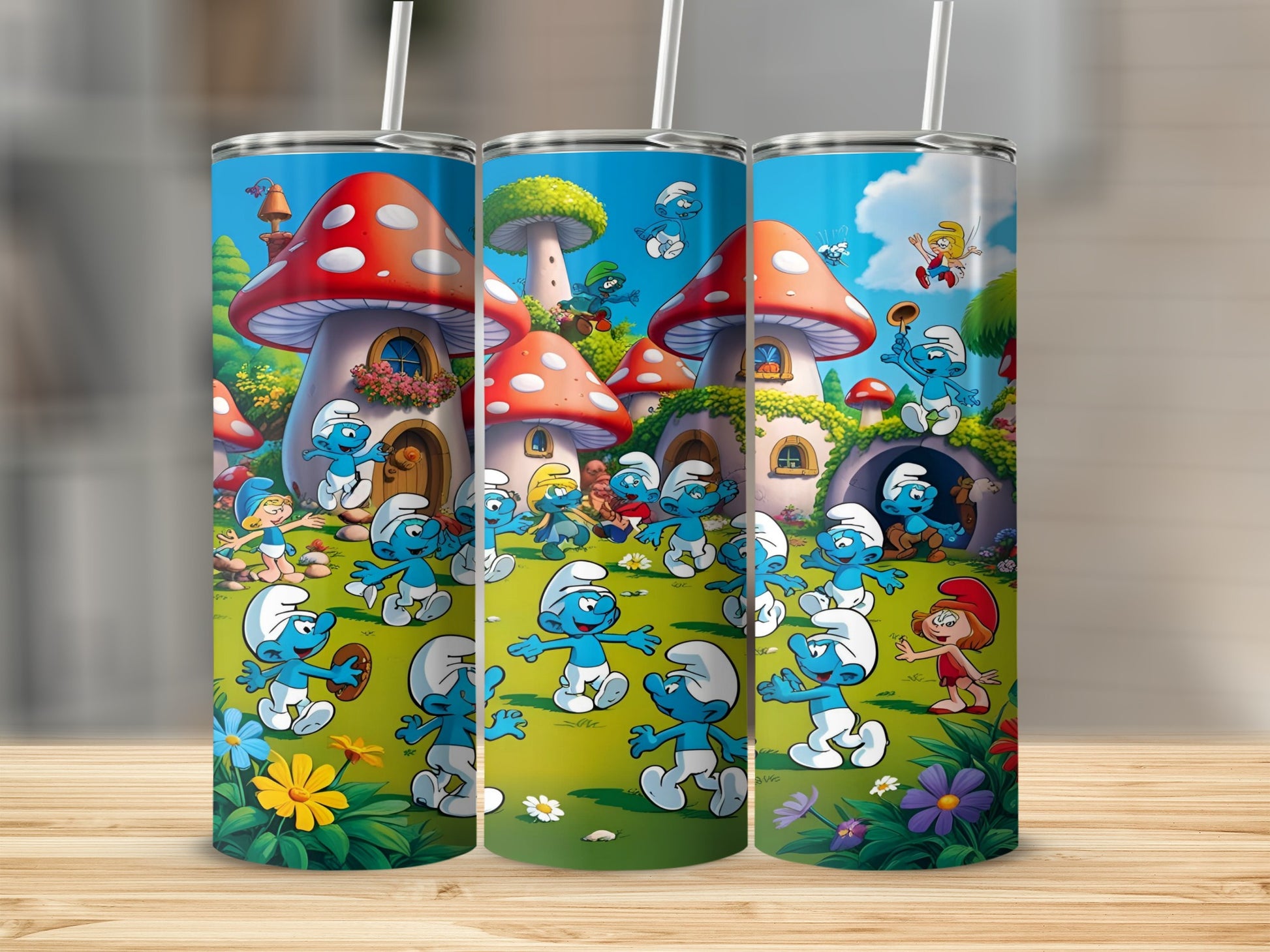 Smurfs in a village setting with mushroom houses and flowers.