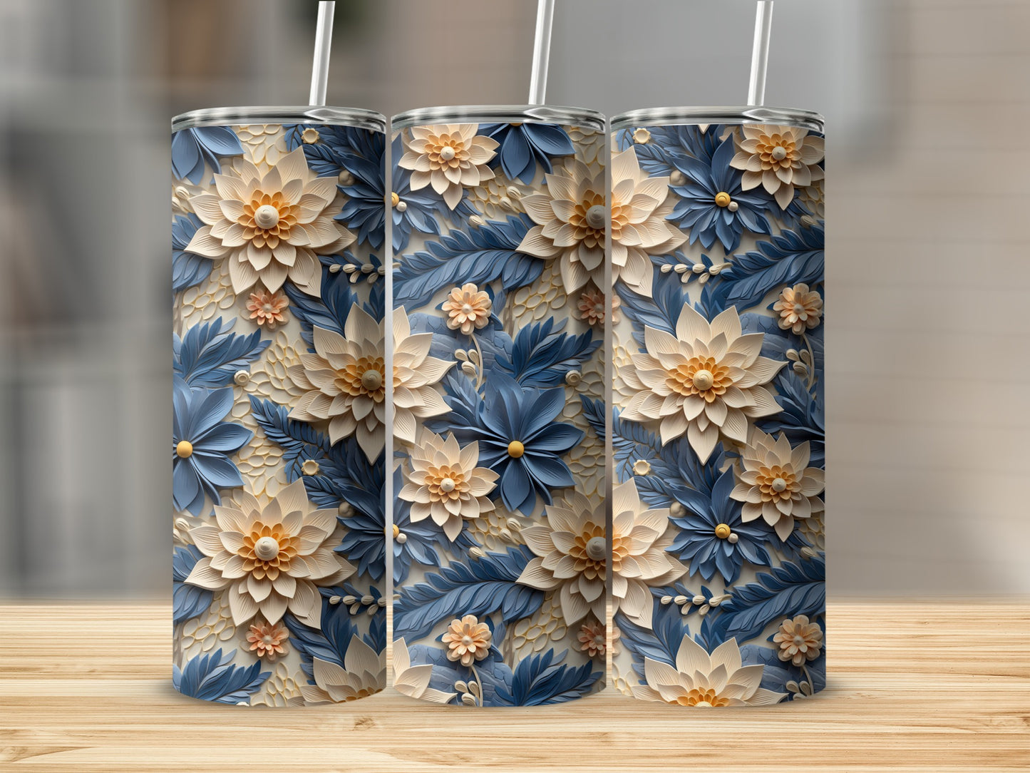 Elegant Blue and Beige Floral Design Tumbler Cup