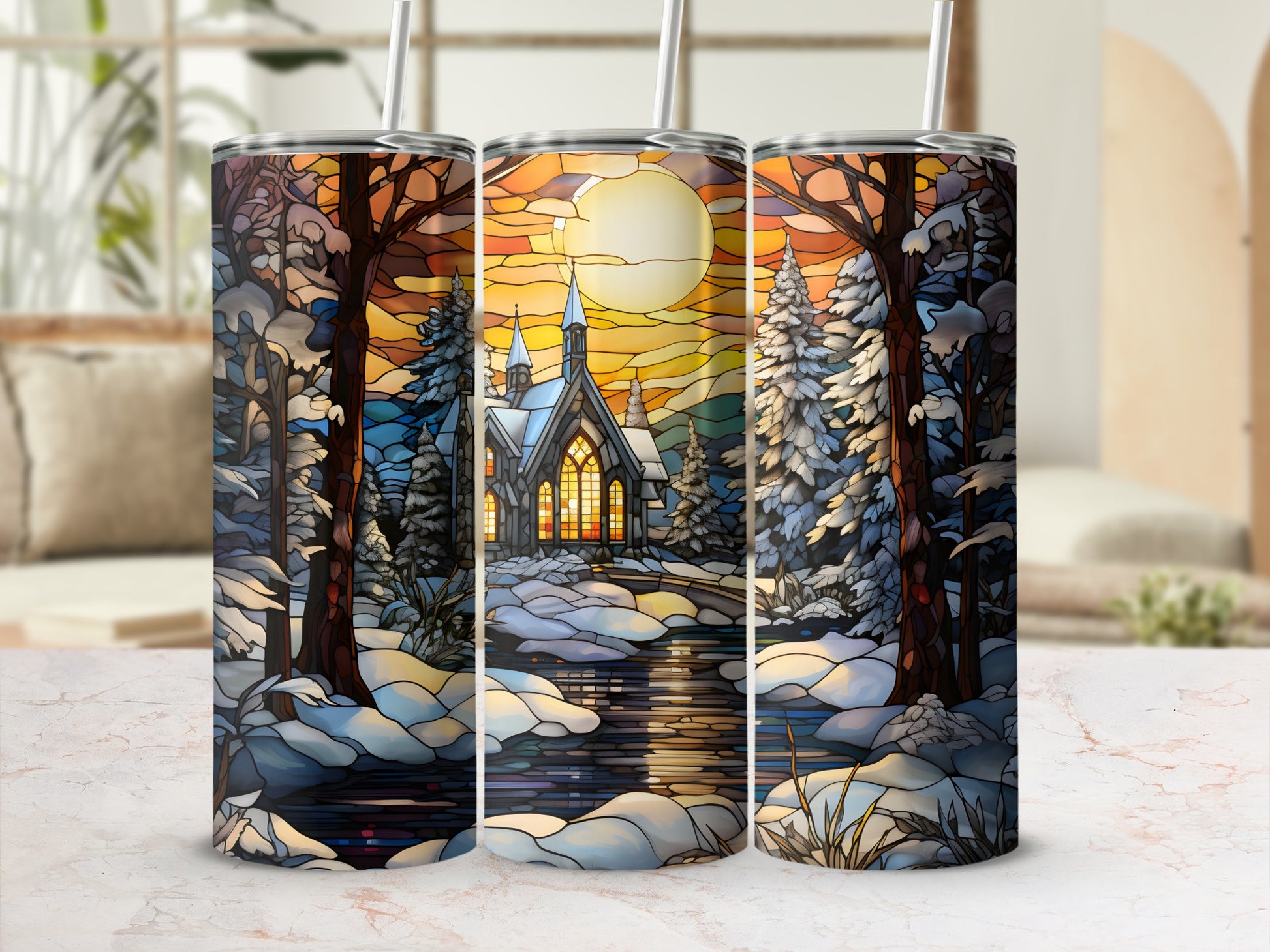 Winter stained glass scene with church, trees, and snow-covered landscape.
