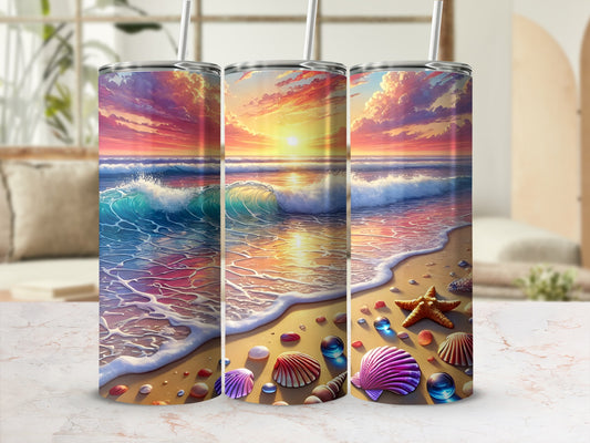 Three tumblers with a vibrant sunset beach scene featuring waves, shells, and starfish.