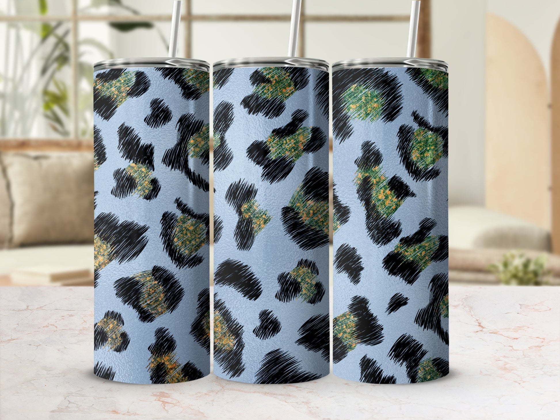Stylish Blue Leopard Print Tumbler with Straw Flask