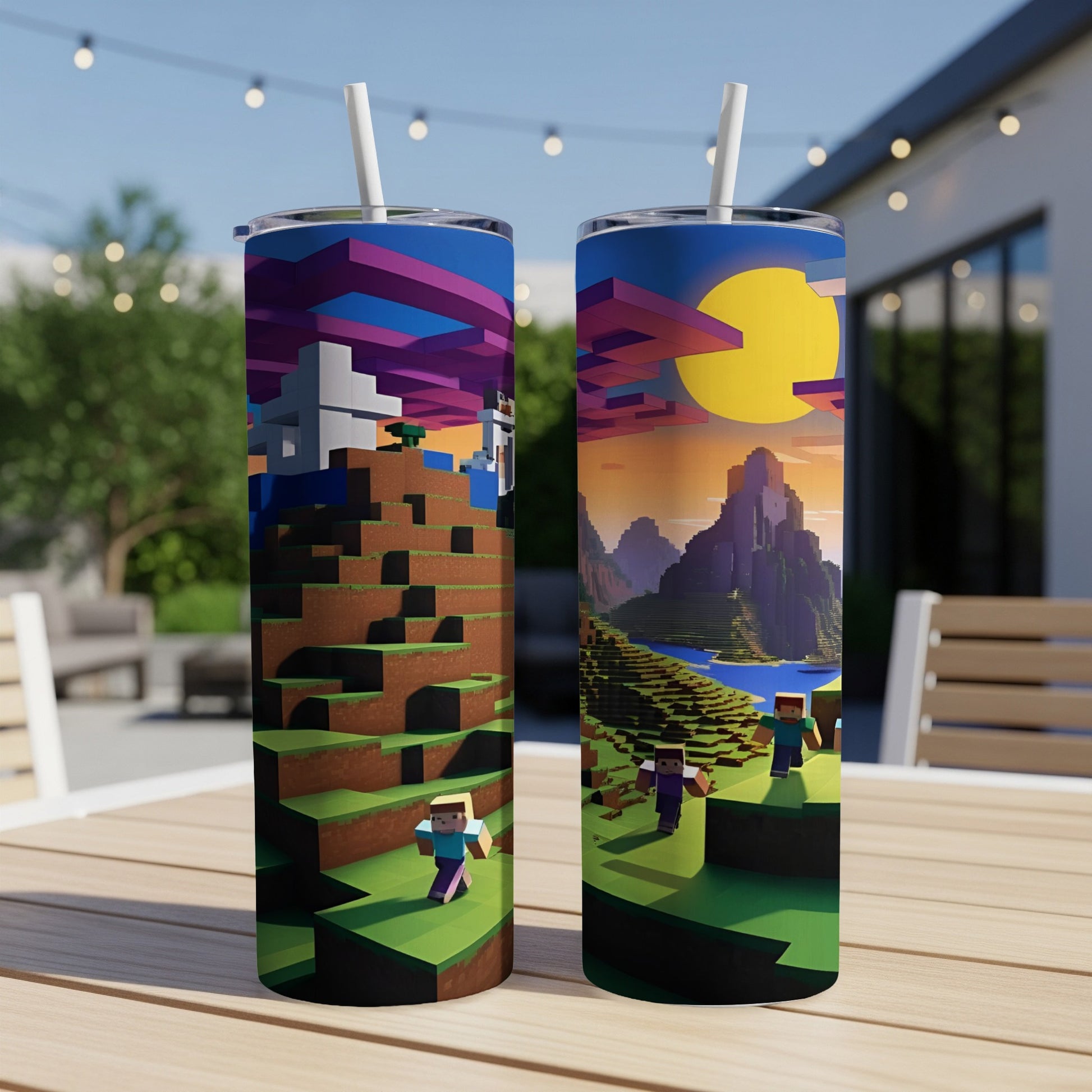Two Minecraft-themed tumblers showing blocky landscapes and characters.