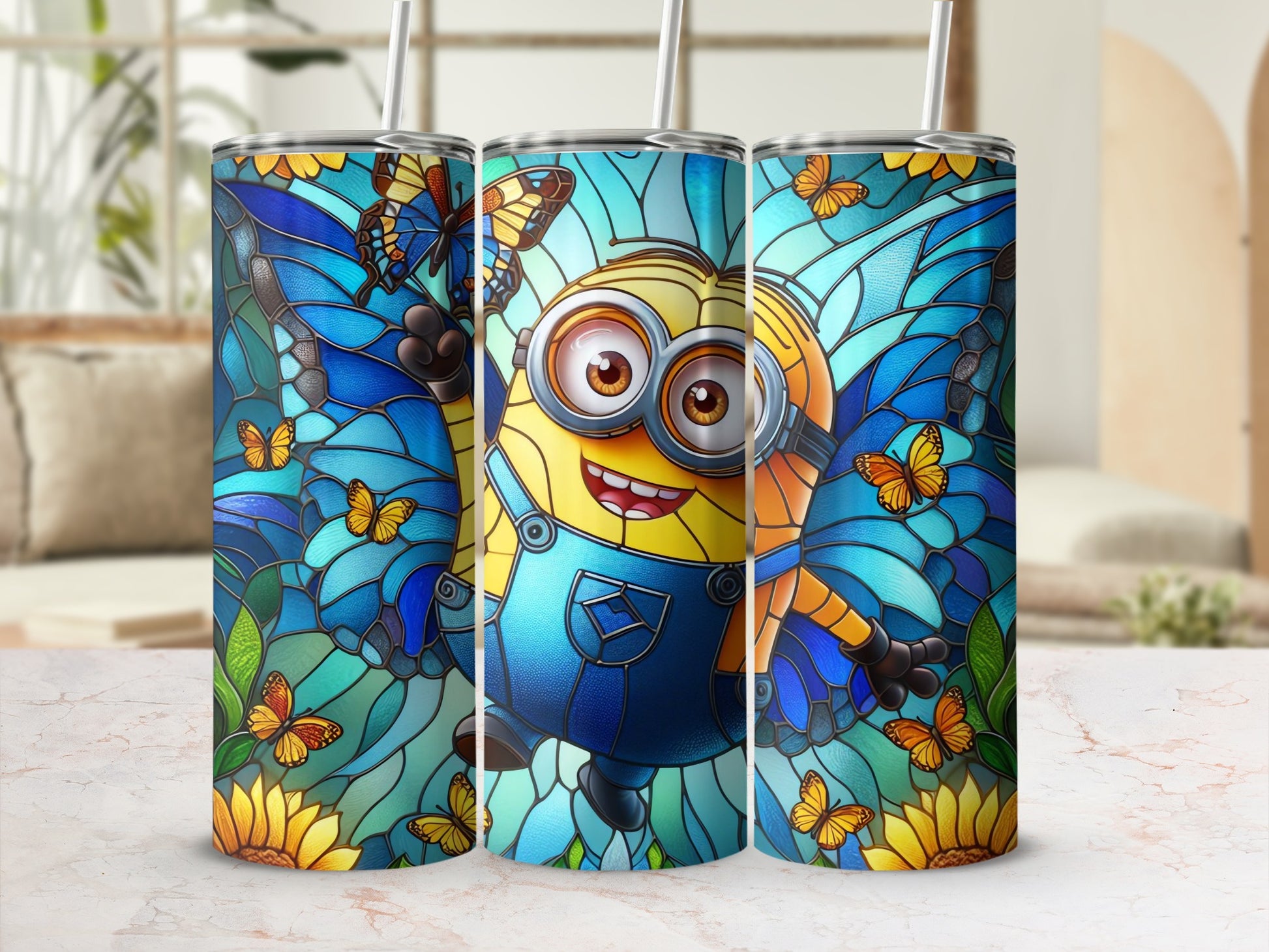 Colorful Minion and Butterflies Design Tumbler