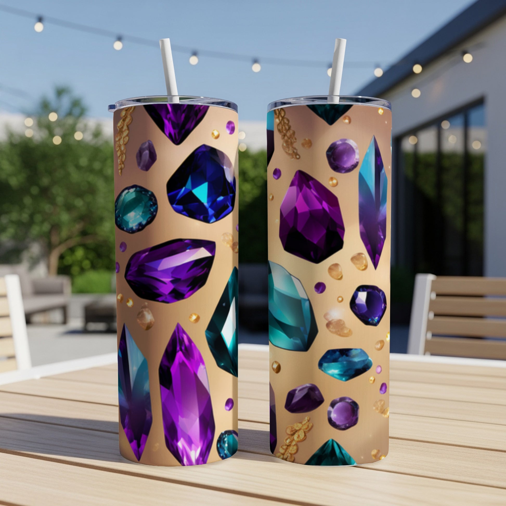 Two tumblers with a pattern of purple and teal gemstones.