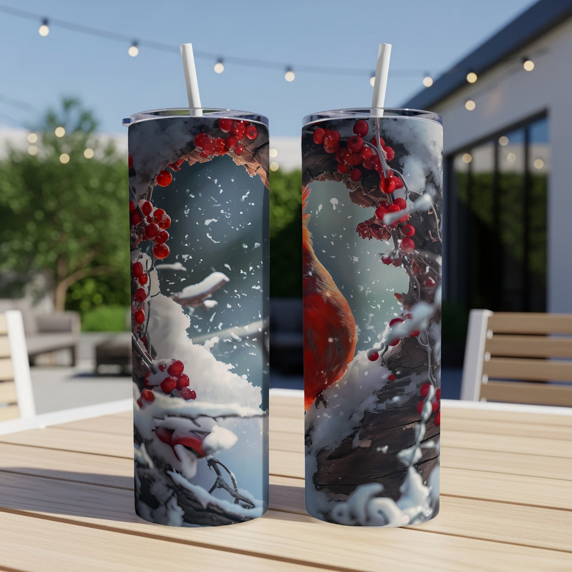 Two tumblers featuring a cardinal on a snowy branch with red berries.