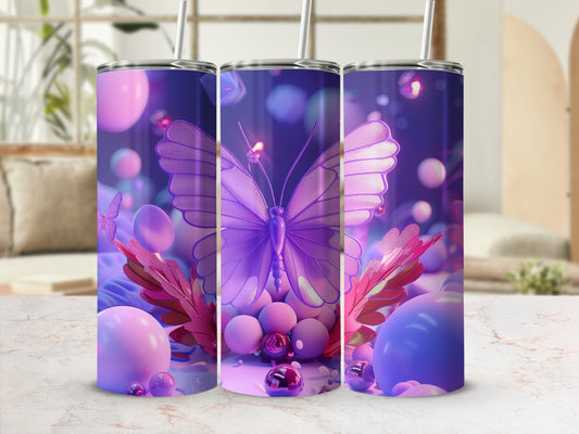 Purple butterfly and pink leaves on a tumbler with a blurred background.