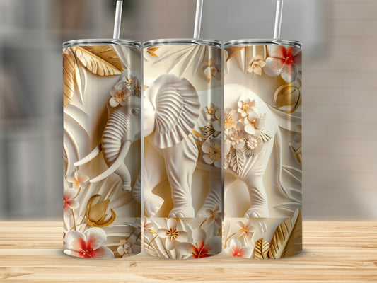 White embossed elephant with floral accents on a tumbler.