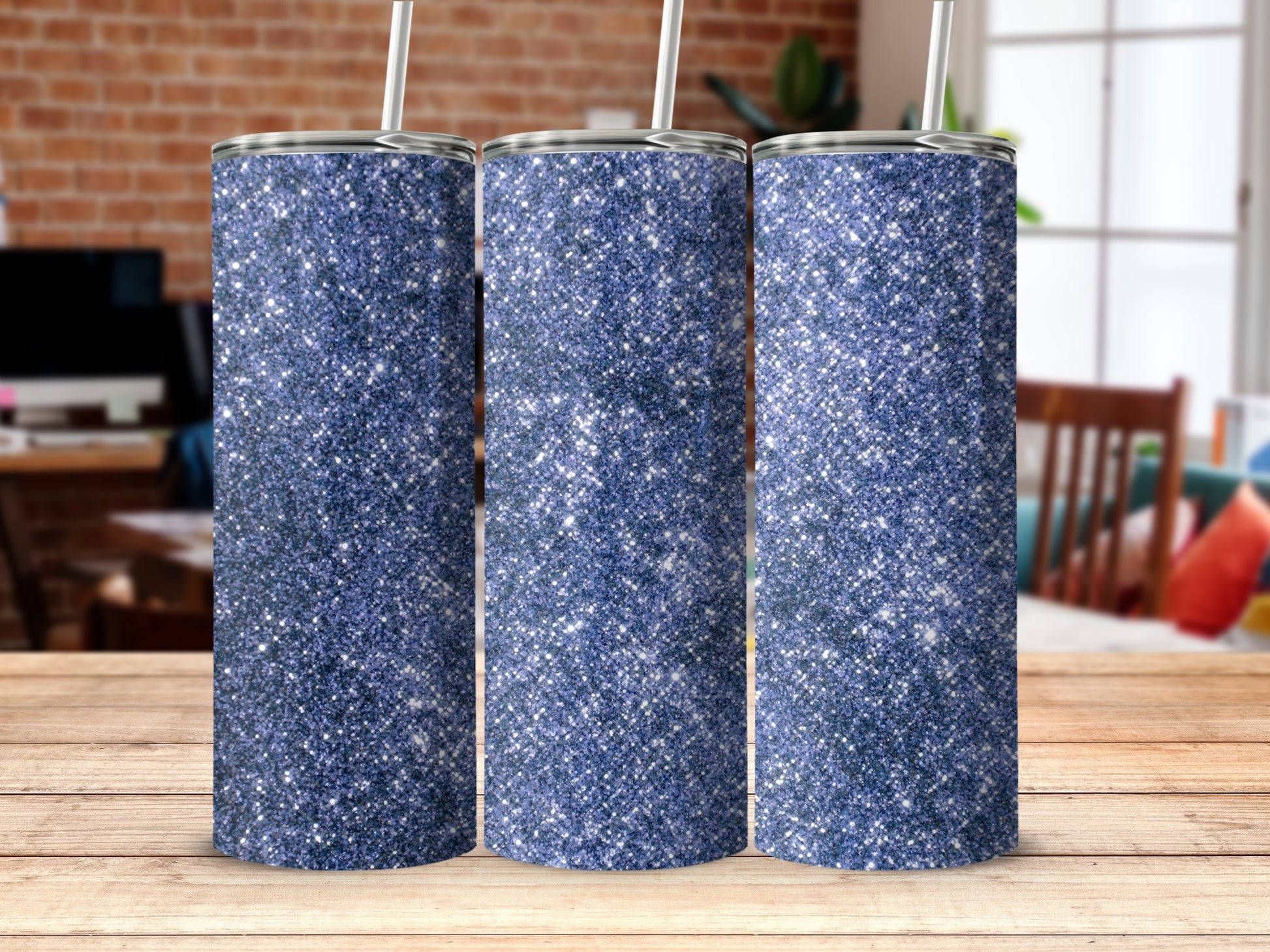 Shimmering Blue Glitter Tumbler with Straw