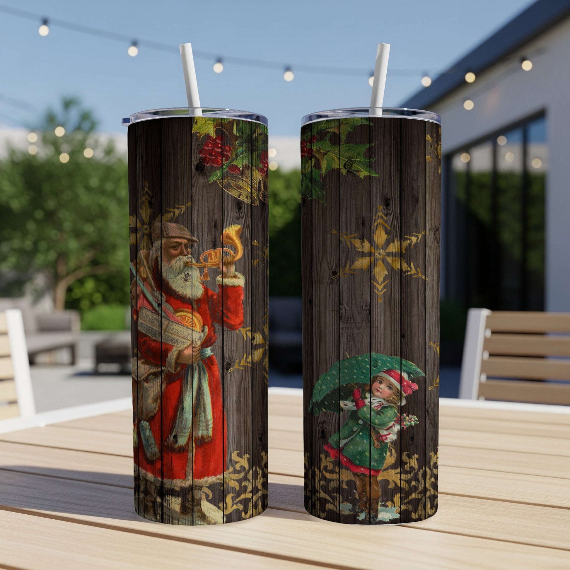Santa Claus and a girl with an umbrella on a wooden background tumbler.