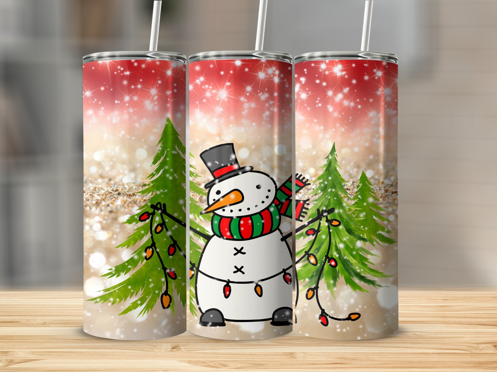 Three snowmen with Christmas lights against a bokeh background.