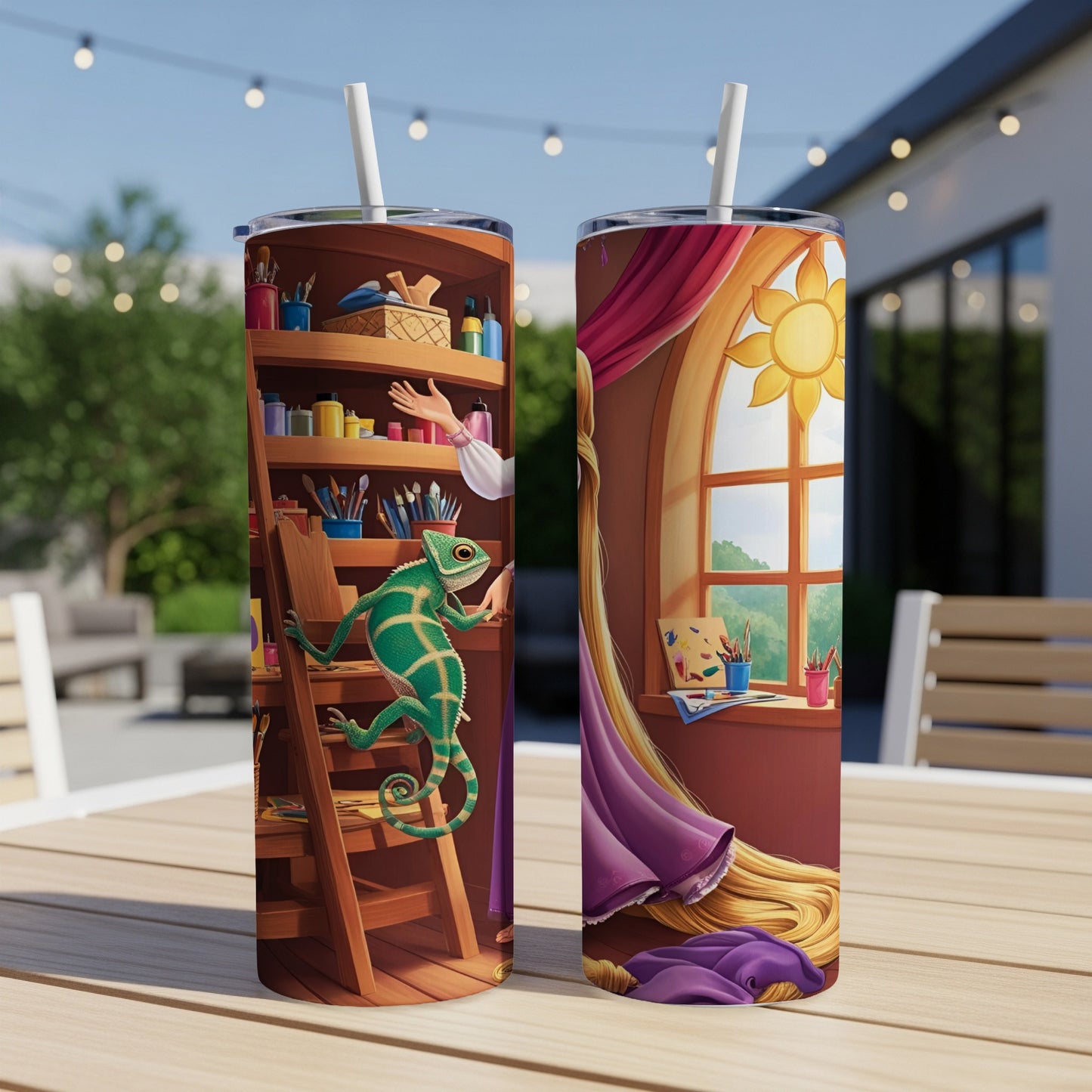 Two tumblers displaying Rapunzel and Pascal in an artist's studio.