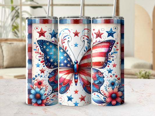 Butterfly tumbler with patriotic stars and floral accents.