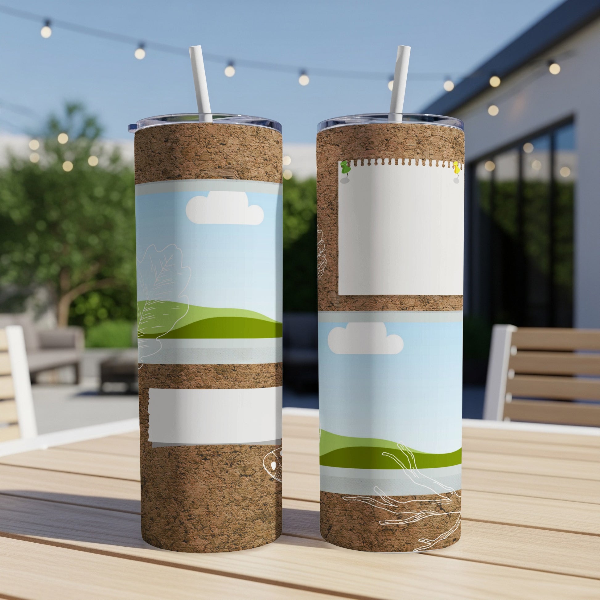 Two cork tumblers with nature-themed designs and blank spaces for personalization.