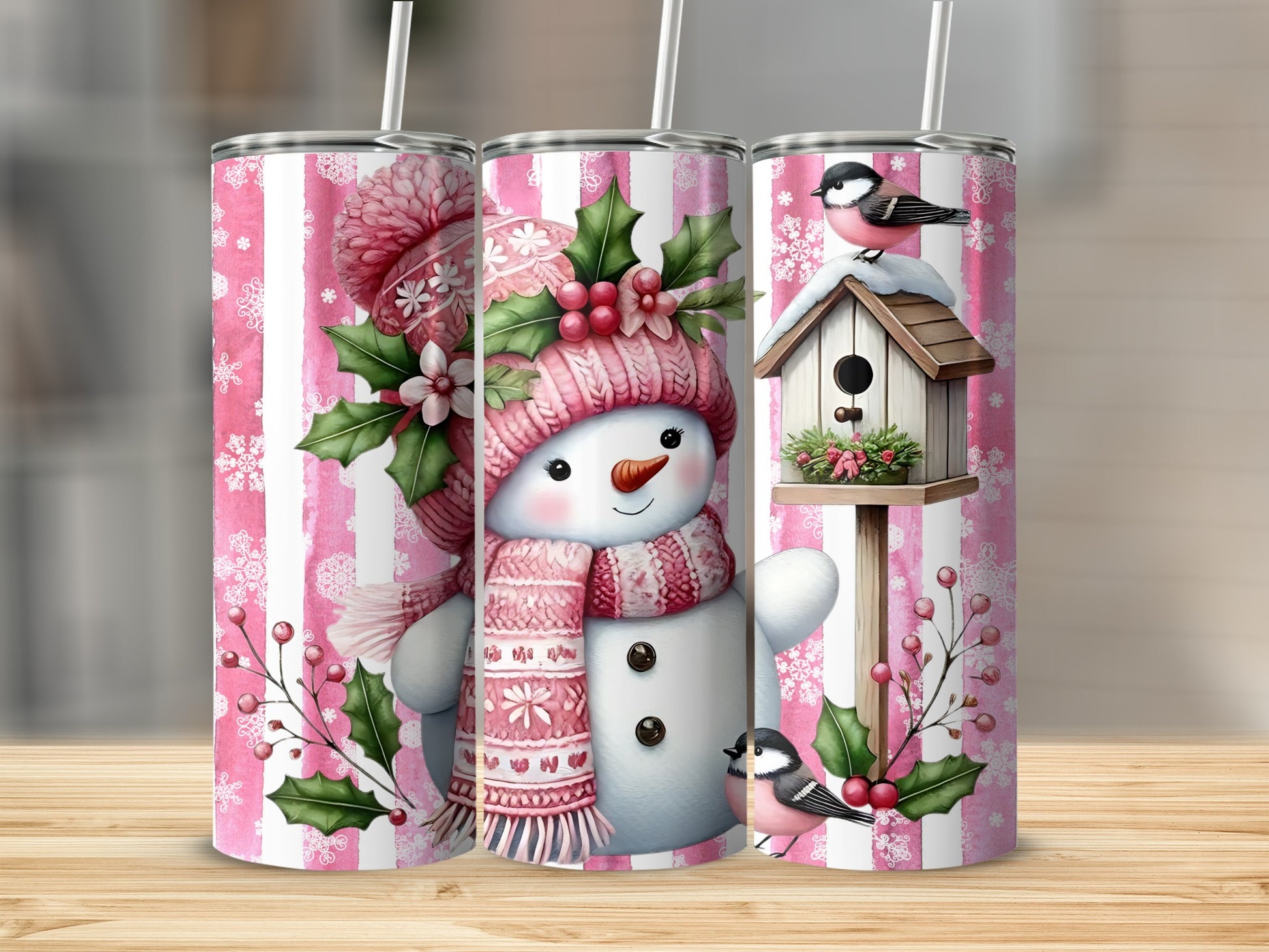 Cute Snowman with Pink Stripes Tumbler product