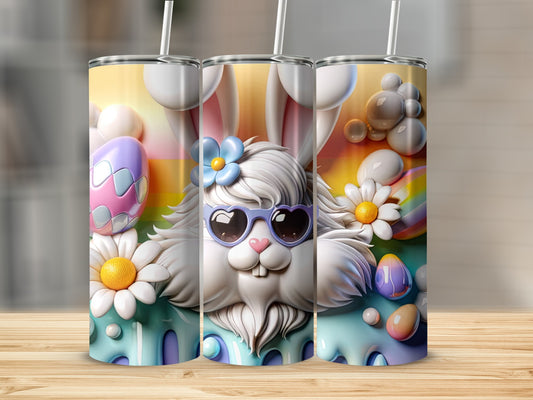 Easter bunny with sunglasses and colorful eggs on a rainbow background.