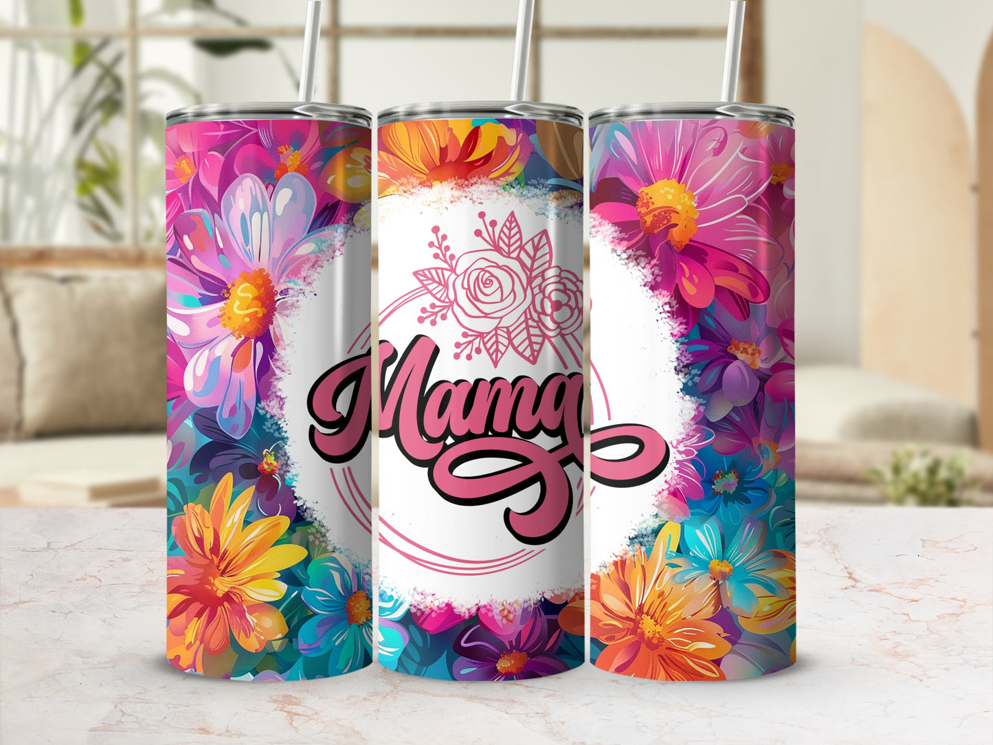 Colorful Floral Mama Design Tumbler Cup with Straw