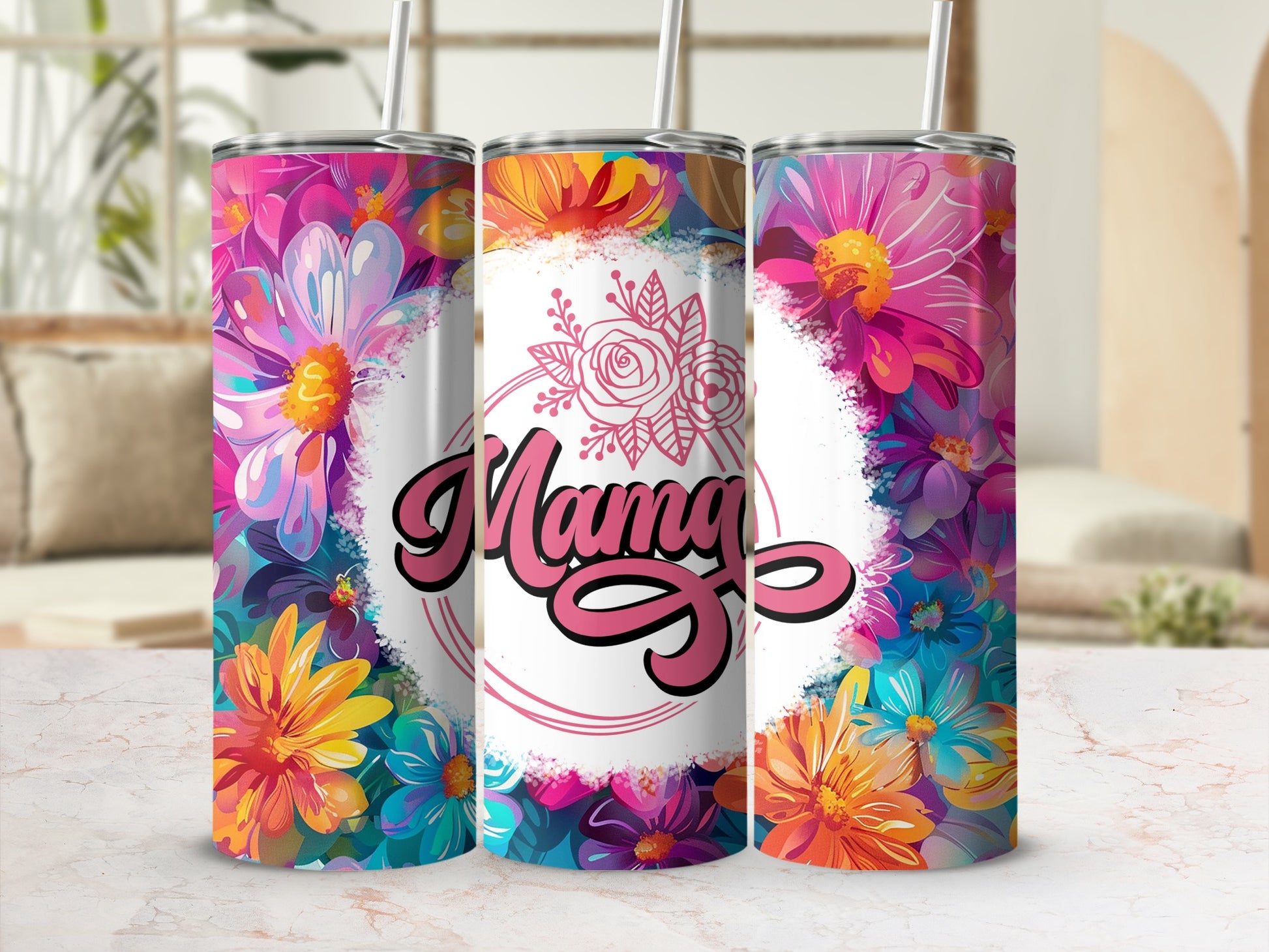 Colorful Floral Mama Design Tumbler Cup with Straw