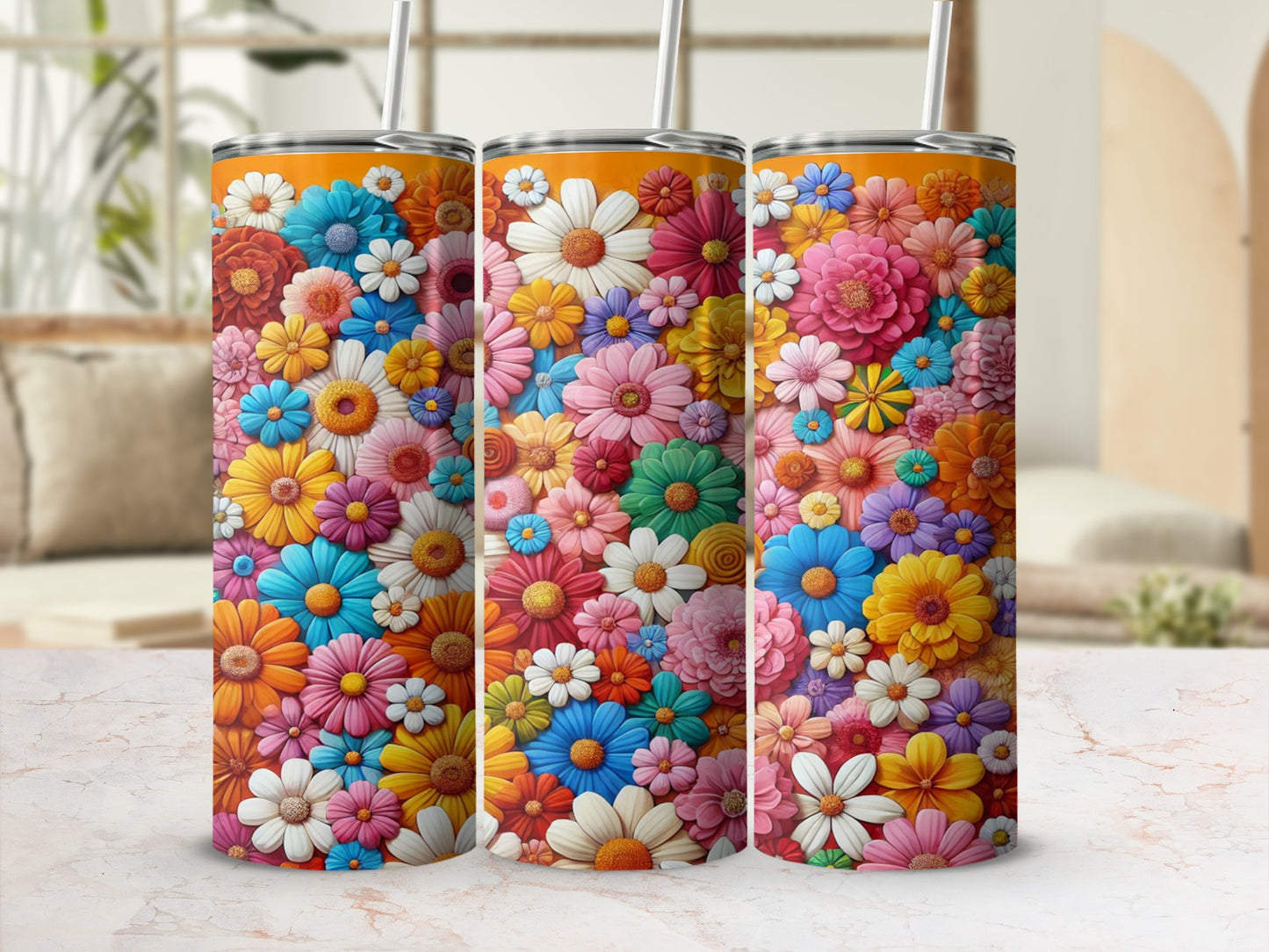 Colorful Floral Pattern Insulated Tumbler with Straw