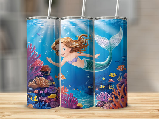 Illustration of a cartoon mermaid swimming with coral and fish underwater.