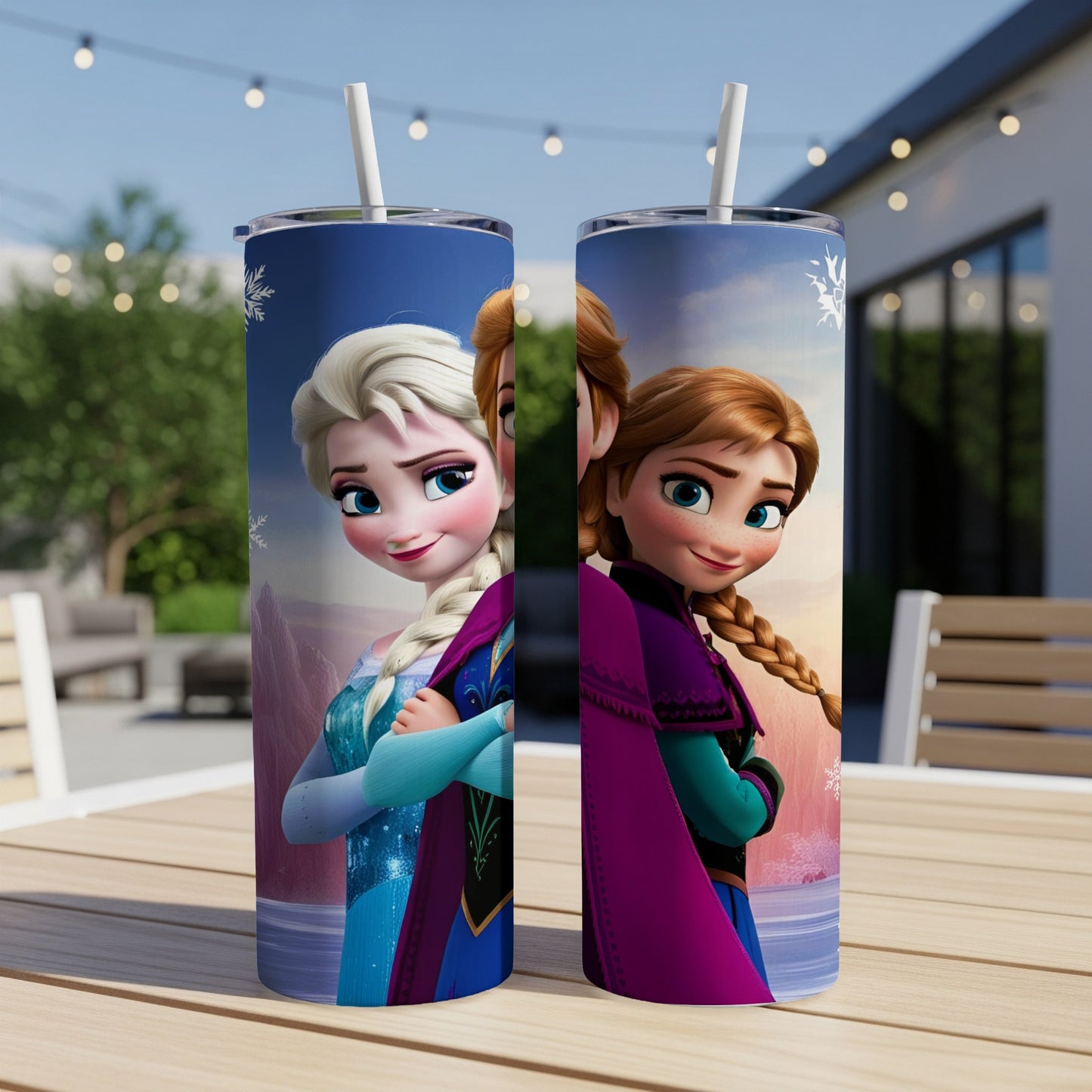 Two Frozen characters, Elsa and Anna, stand side by side on tumblers.