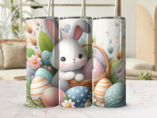 Easter bunny holding basket with decorated eggs and floral background.