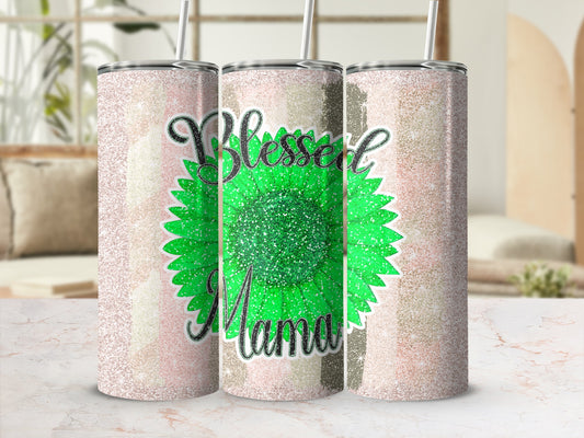 Blessed Mama Glitter Sunflower Tumbler Cup