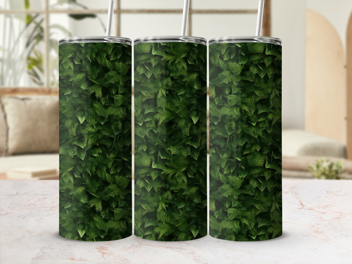 Three tumblers with a dense green fern leaf pattern.