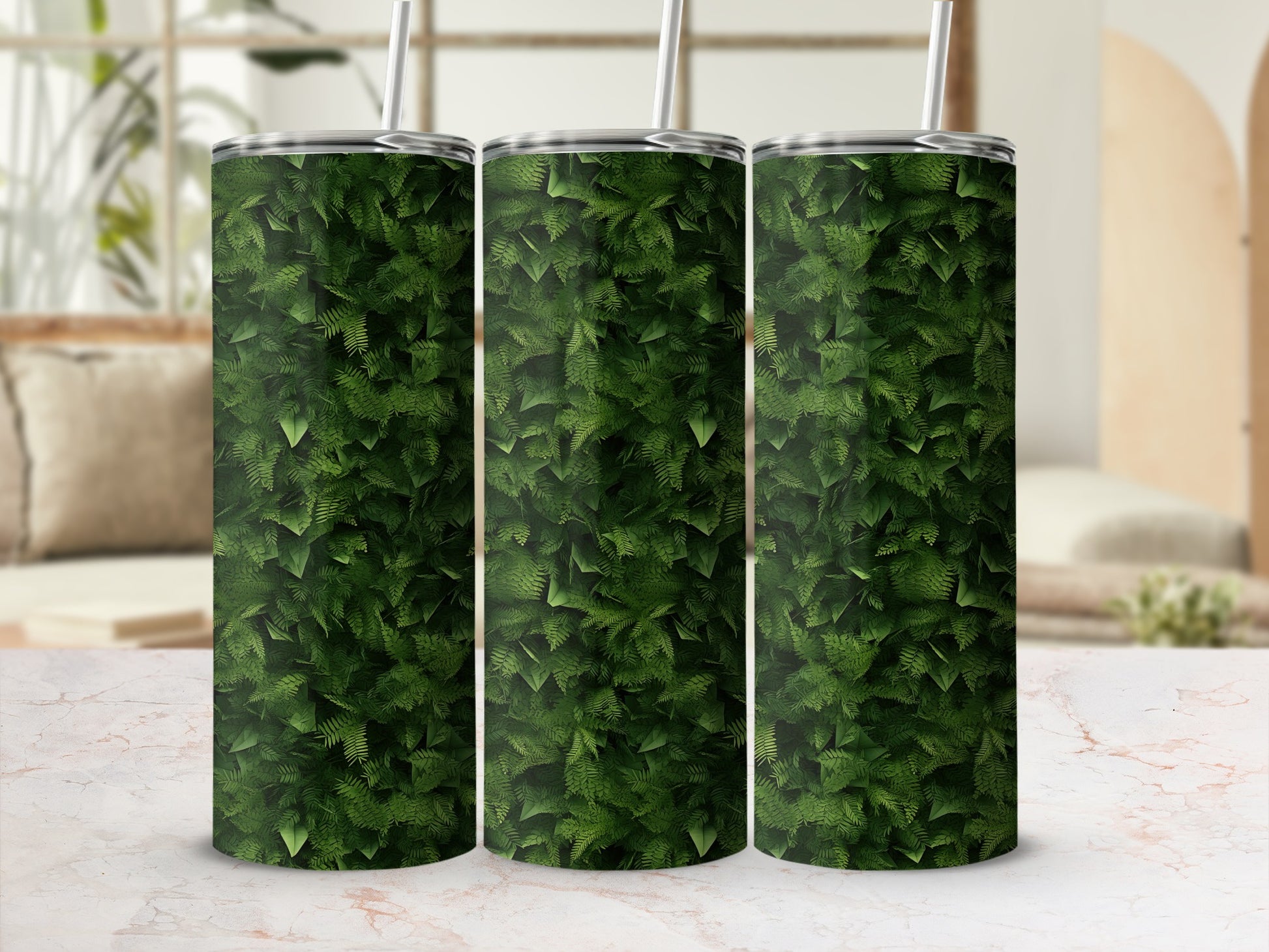 Three tumblers with a dense green fern leaf pattern.