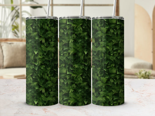 Three tumblers with a dense green fern leaf pattern.