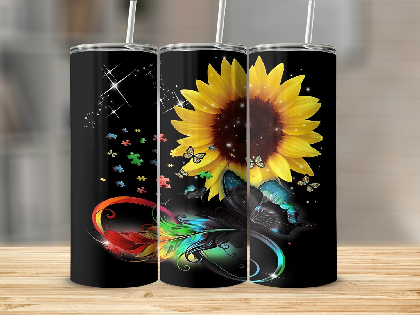 Colorful Sunflower and Feathers Design Tumbler