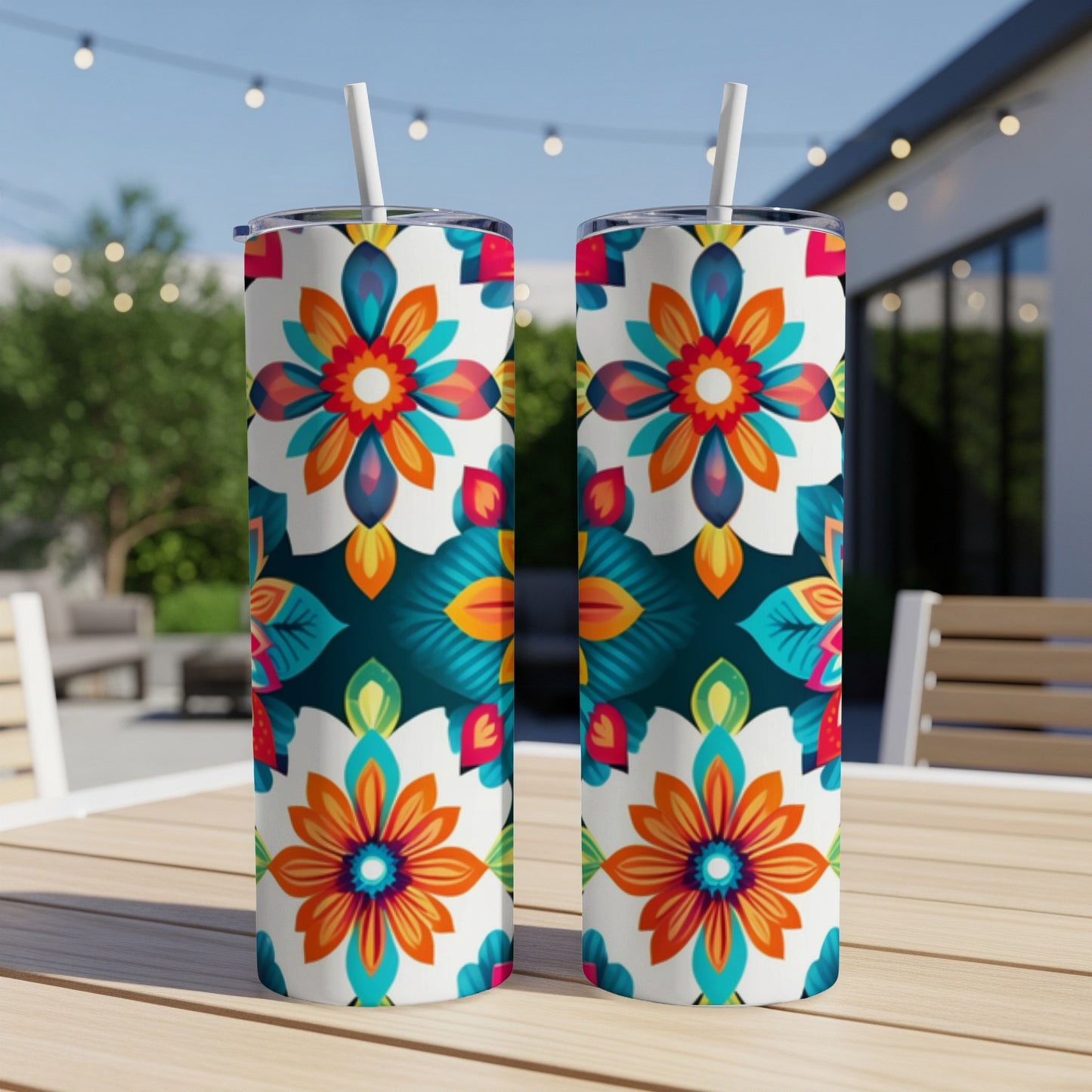 Two floral patterned tumblers with straws on a wooden table outdoors.
