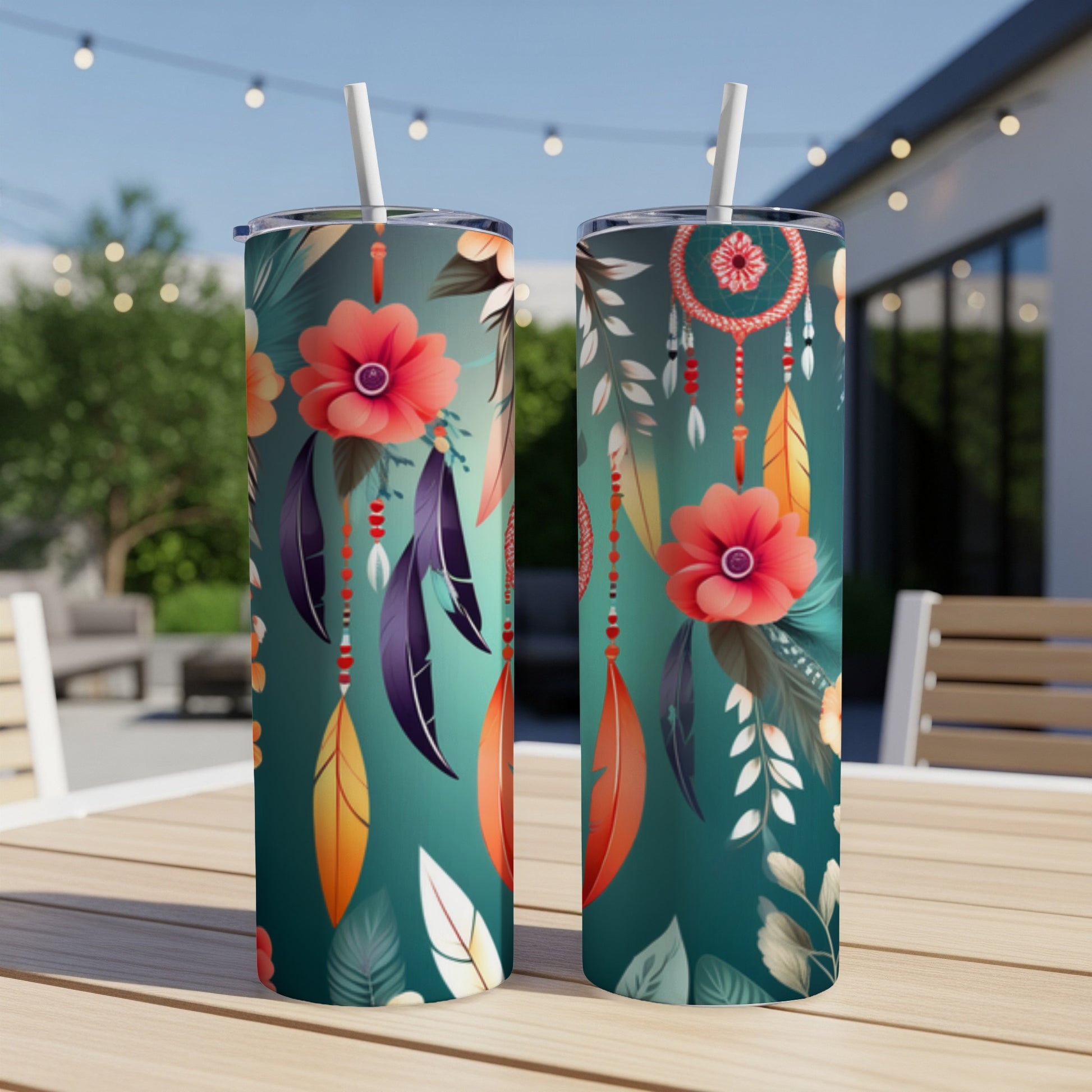 Two teal tumblers with floral and feather dreamcatcher designs.