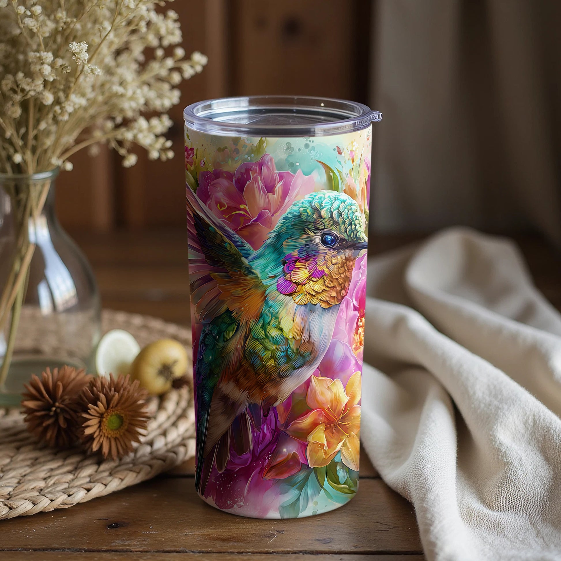 Vibrant Hummingbird and Flowers Insulated Tumbler