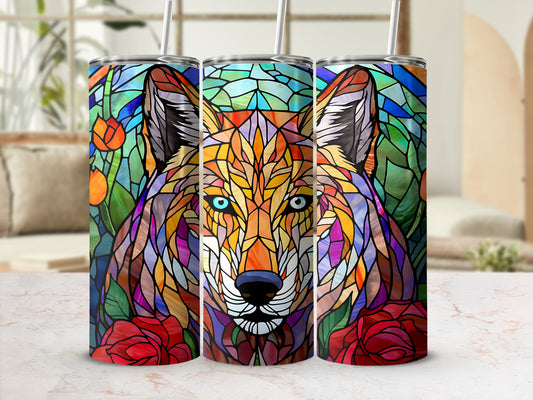 Stained glass wolf with roses design on three tumblers.