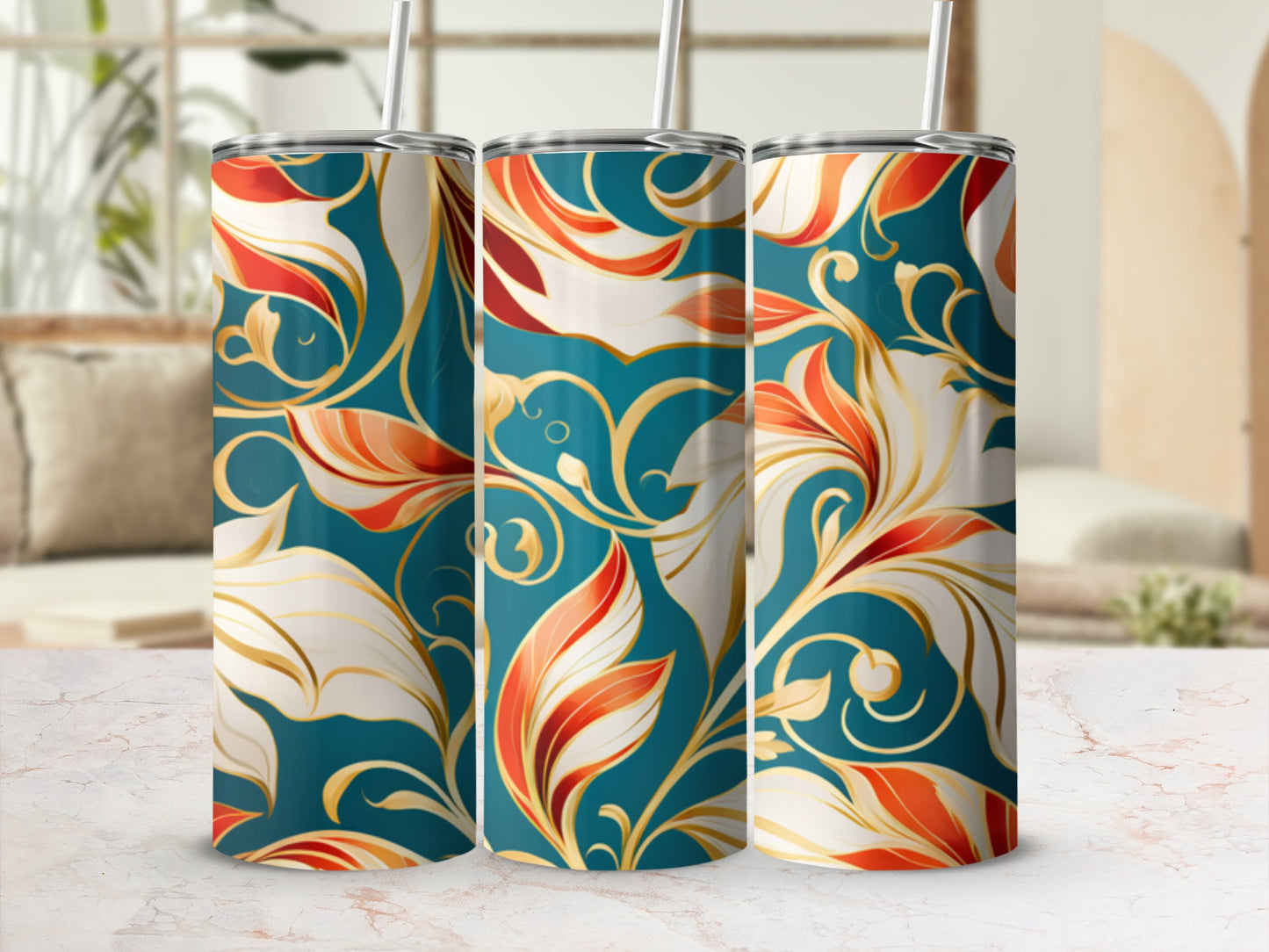 Three tumblers with teal, gold, and orange floral swirling patterns.