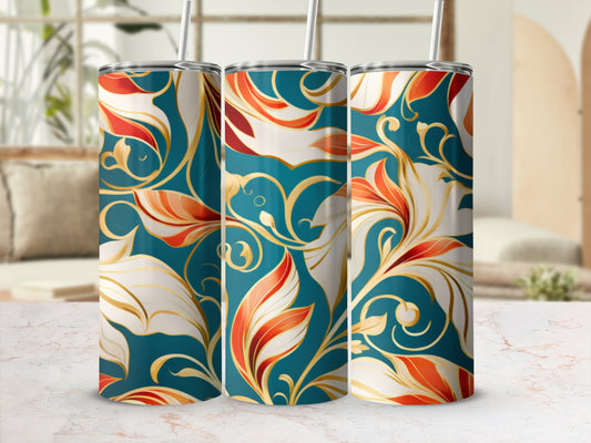 Three tumblers with teal, gold, and orange floral swirling patterns.