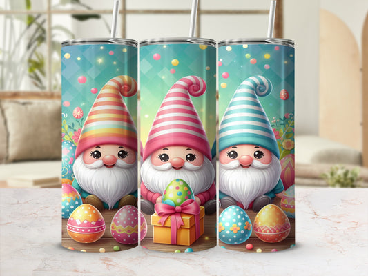 Three colorful gnomes with striped hats surround Easter eggs and a gift box.